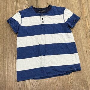 American Eagle Mens M Polo Shirt Striped Print Crew Neck Button Front White\Blue